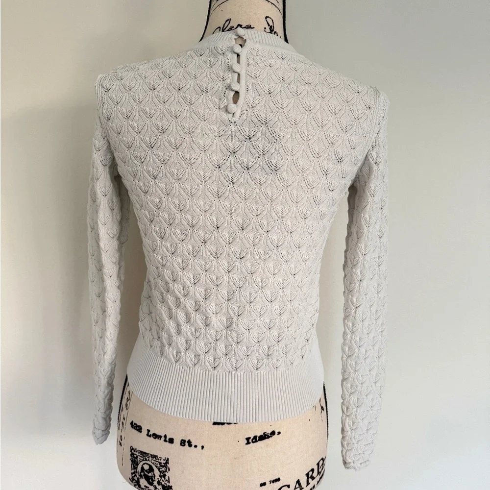 Club Monaco Sweater Pointelle Knit Sz S Ivory Ribbed Collar/Hem Quiet Luxurycore